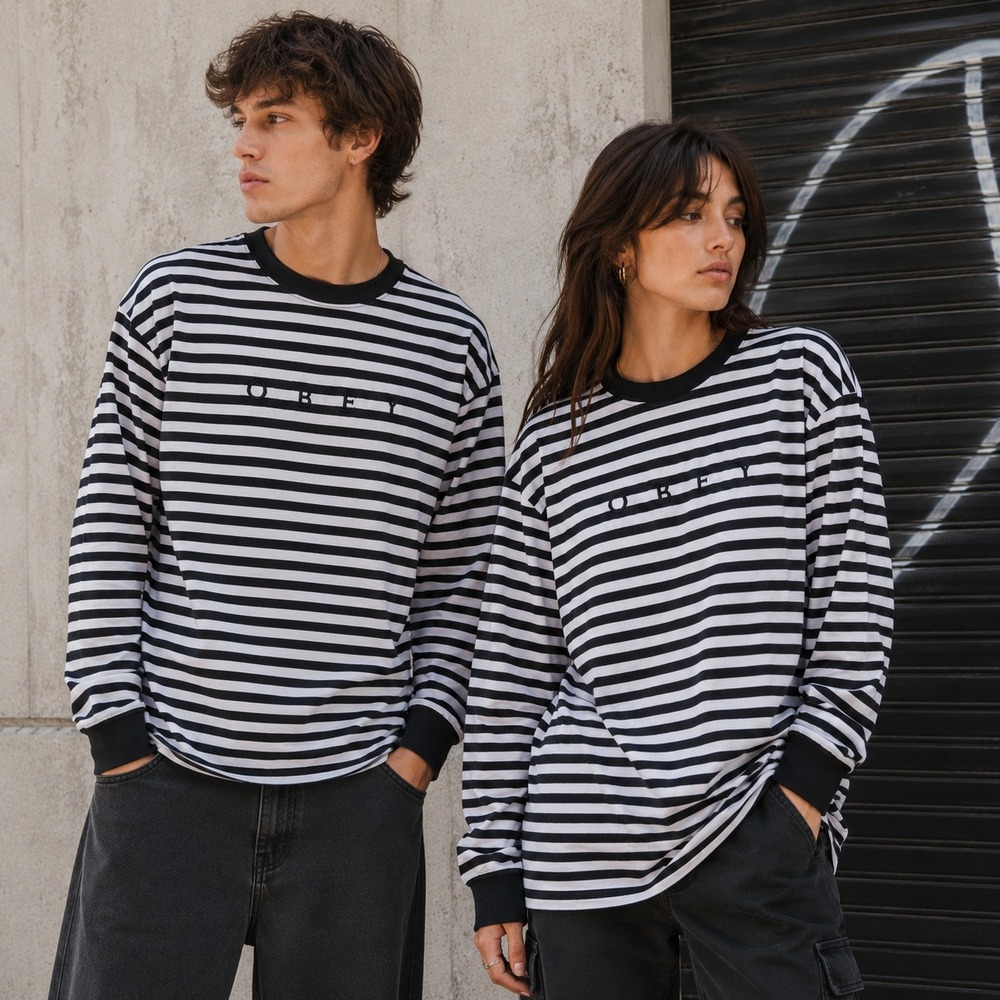 OBEY Striped Long Sleeve Tee Black White Logo Skate Streetwear Unisex M